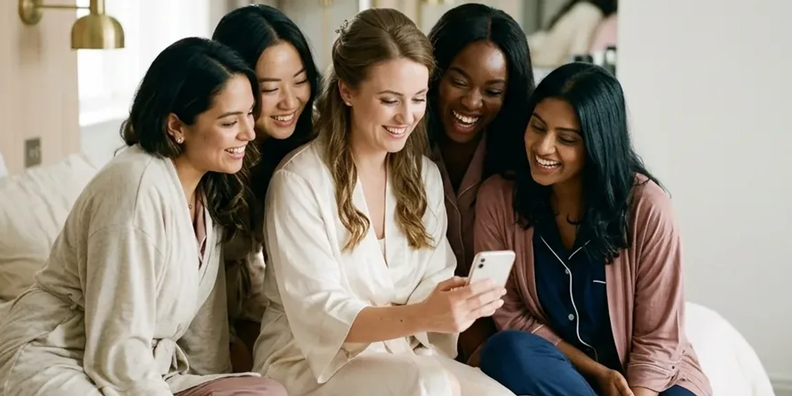 Five women in dressing gowns sitting on a hotel bed the morning after a wedding, looking together at a phone