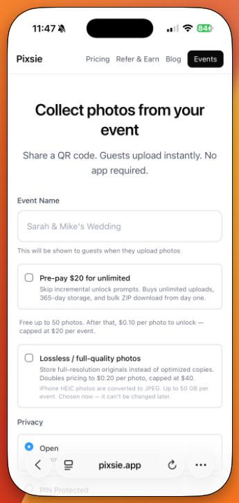 Create your event in seconds