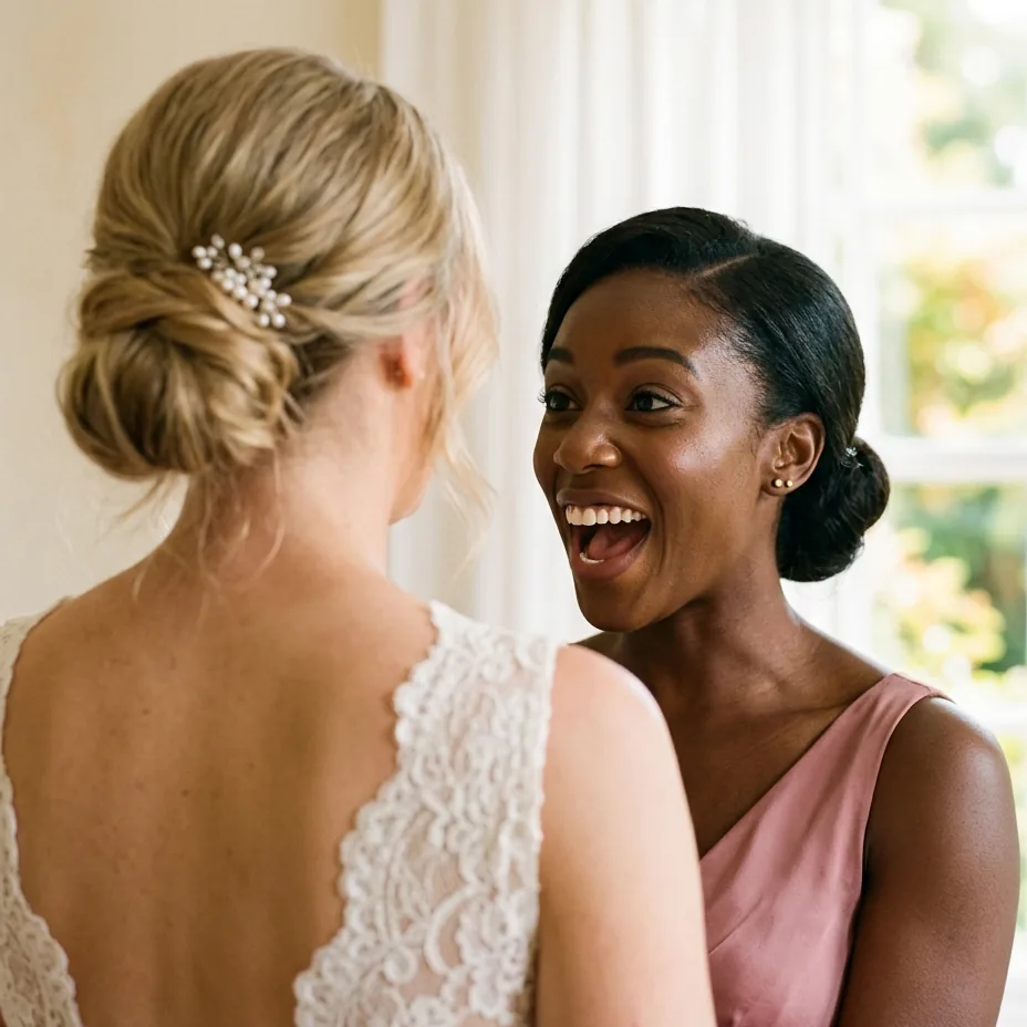 A bridesmaid in a dusty rose dress gasping with delight as she sees the bride, who is turned away from the camera