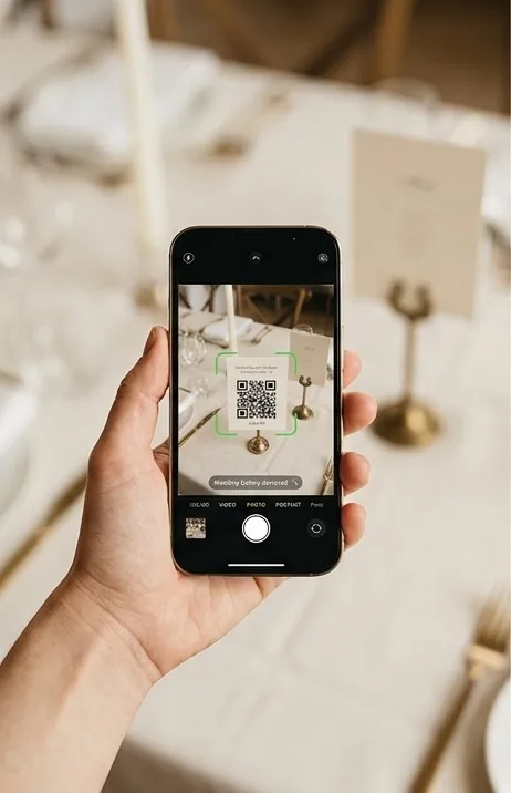 A guest pointing a phone camera at a printed QR card on a table