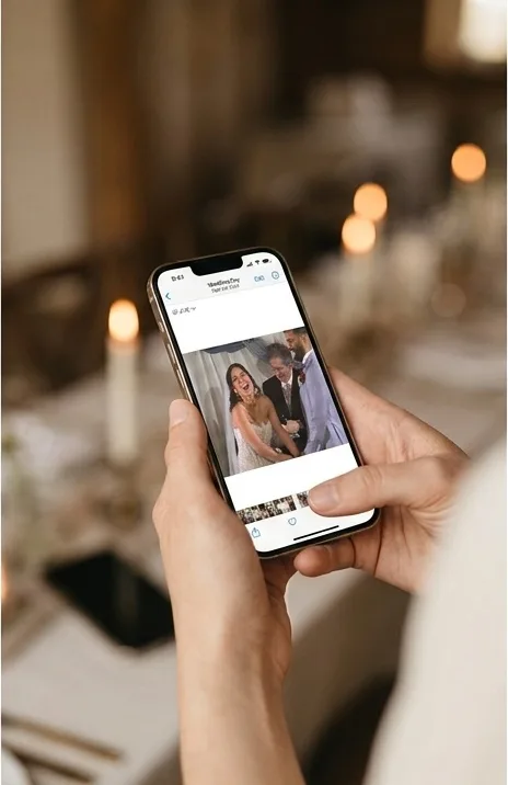 A phone showing a single wedding photo ready to upload