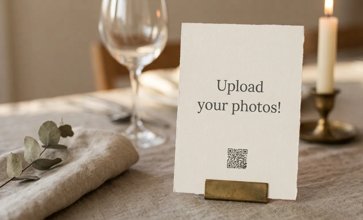 A printed Pixsie QR card standing in a holder on a set reception table